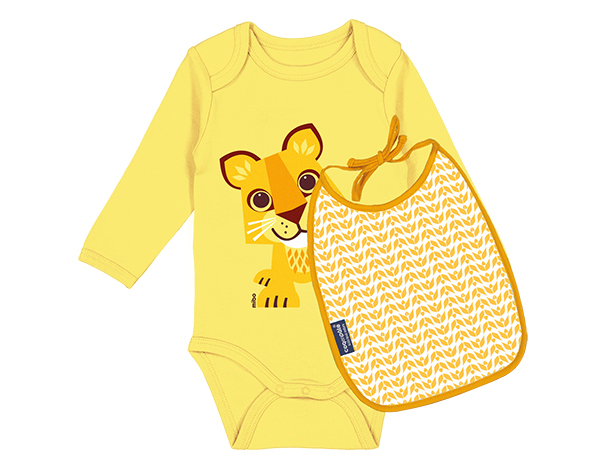 Lion Yellow Birth Gift Set Body Suit Long Sleeves + Bib + Box 3/6m de Coqenpâte Primavera Verano 2023