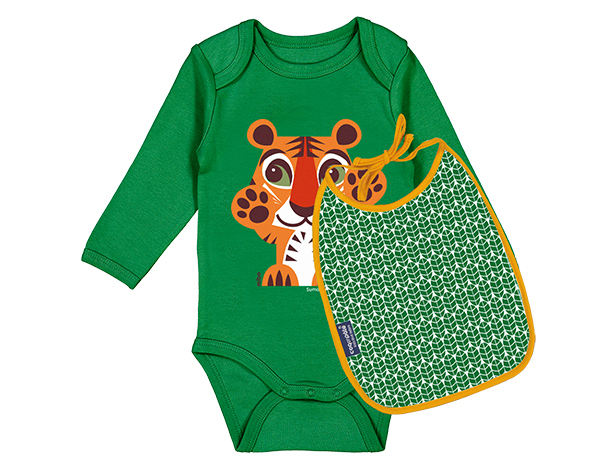 Tiger Green Birth Gift Set Body Suit Long Sleeves + Bib + Box 3/6m de Coqenpâte Primavera Verano 2023
