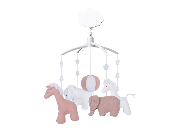 Mobile Musical Girafe, Elephant Vieux Rose & Blanc coton Bio de Trousselier