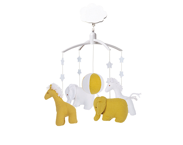 Mobile Musical Girafe, Elephant Curry & Blanc coton Bio de Trousselier